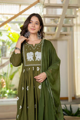 Green Cotton Embroidered Kurti Pant And Dupatta Set